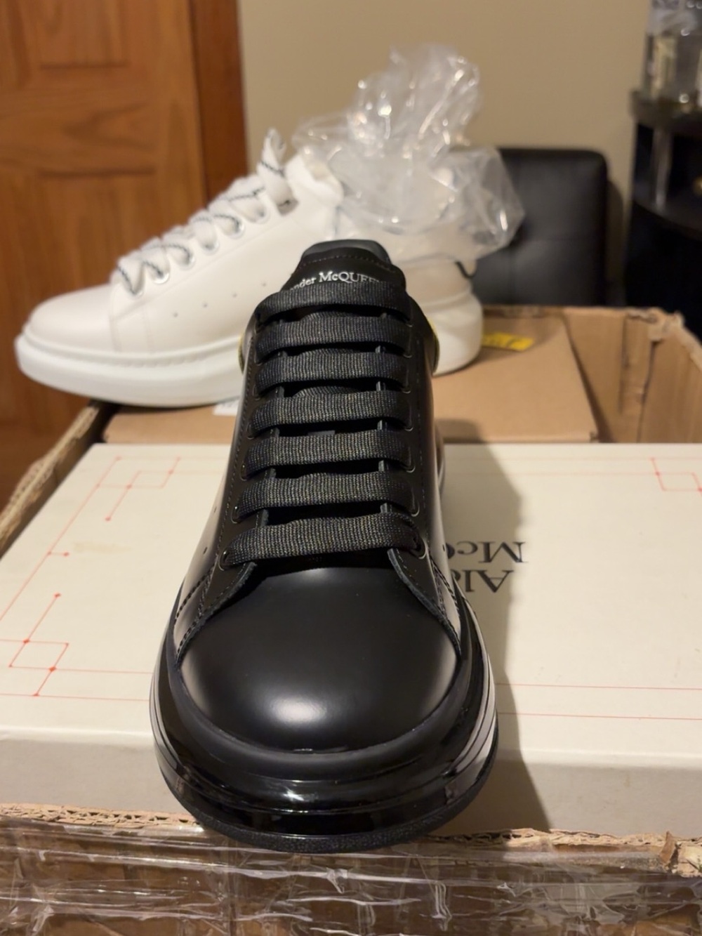 Alexander McQueen Black Leather Sneakers with Yellow Heel Panel - Picture 5 of 7
